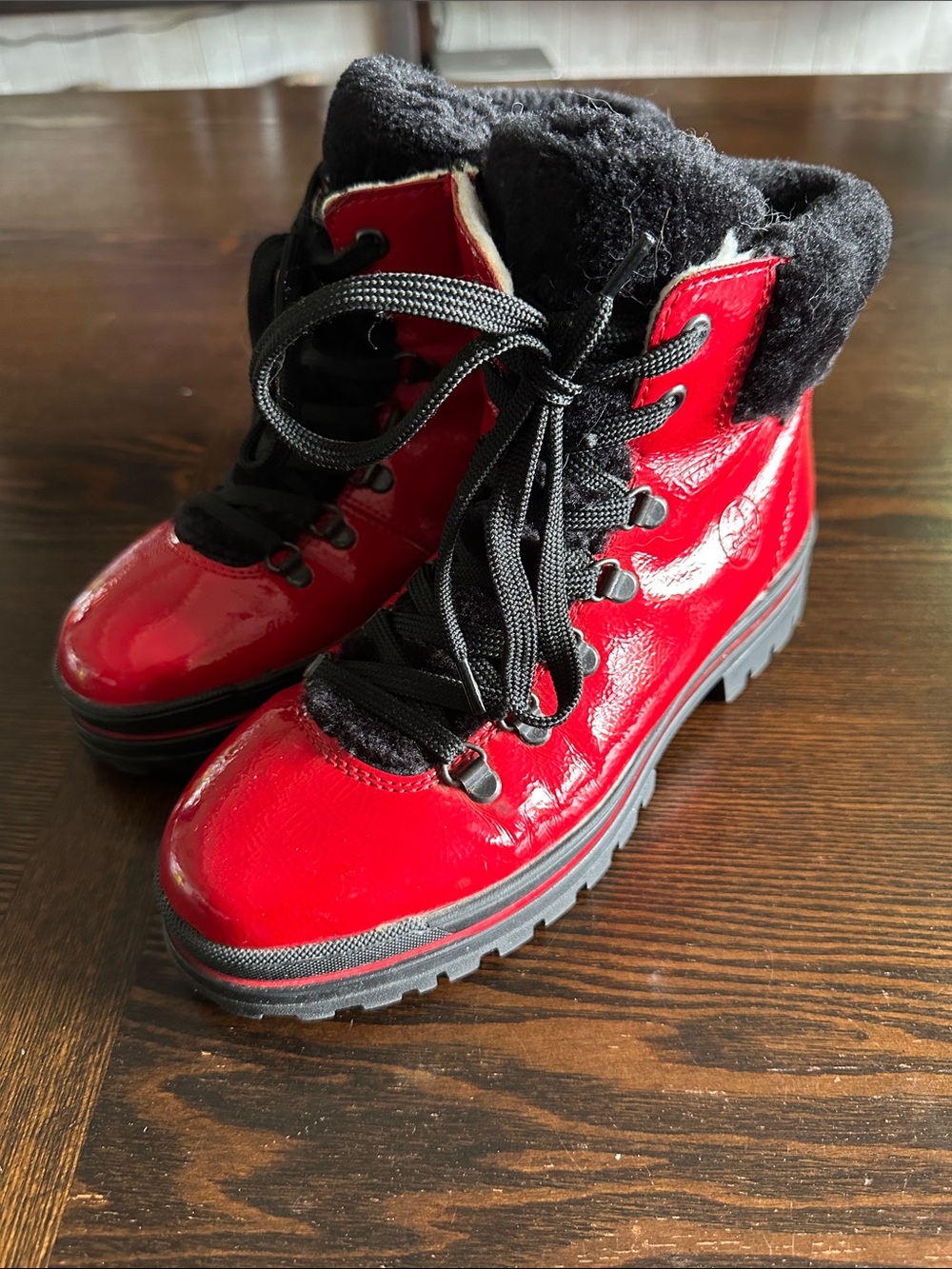 Rieker Red Patent Lace-Up Winter Boots with Black Faux-Fur Collar